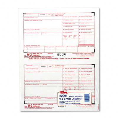 Picture of Tops 22991 W-2 Tax Forms for Laser Printers  6-Part Carbonless  50 Loose Form Sets Pack
