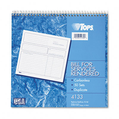 4133 Invoice Bill for Services 8-1/2 x 7-3/4 Carbonless Duplicate 50-Set Book