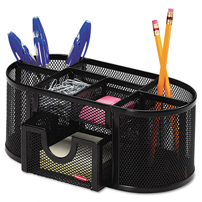 Picture of Rolodex 1746466 Mesh Pencil Cup Organizer  4 Compartments  Steel  9 1/3 x 4 1/2 x 3 9/10  Black