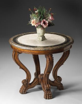 Heritage Finish Foyer Table - 36in. Diameter - Solid Wood & Fossil Stone Top