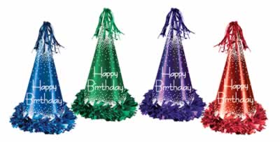 Picture of Beistle 60616 - Fringed Foil Happy Birthday Party Hats- Pack of 12