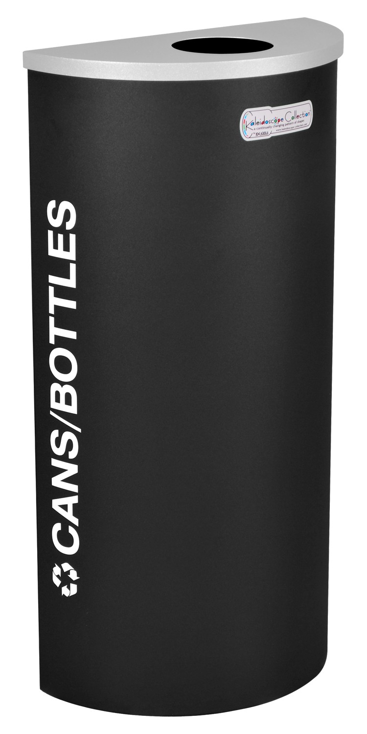 Picture of Ex-Cell Kaiser RC-KDHR-C BLX 8-gal recycling receptacle- half round top and Cans-Bottles decal- Black Texture finish.