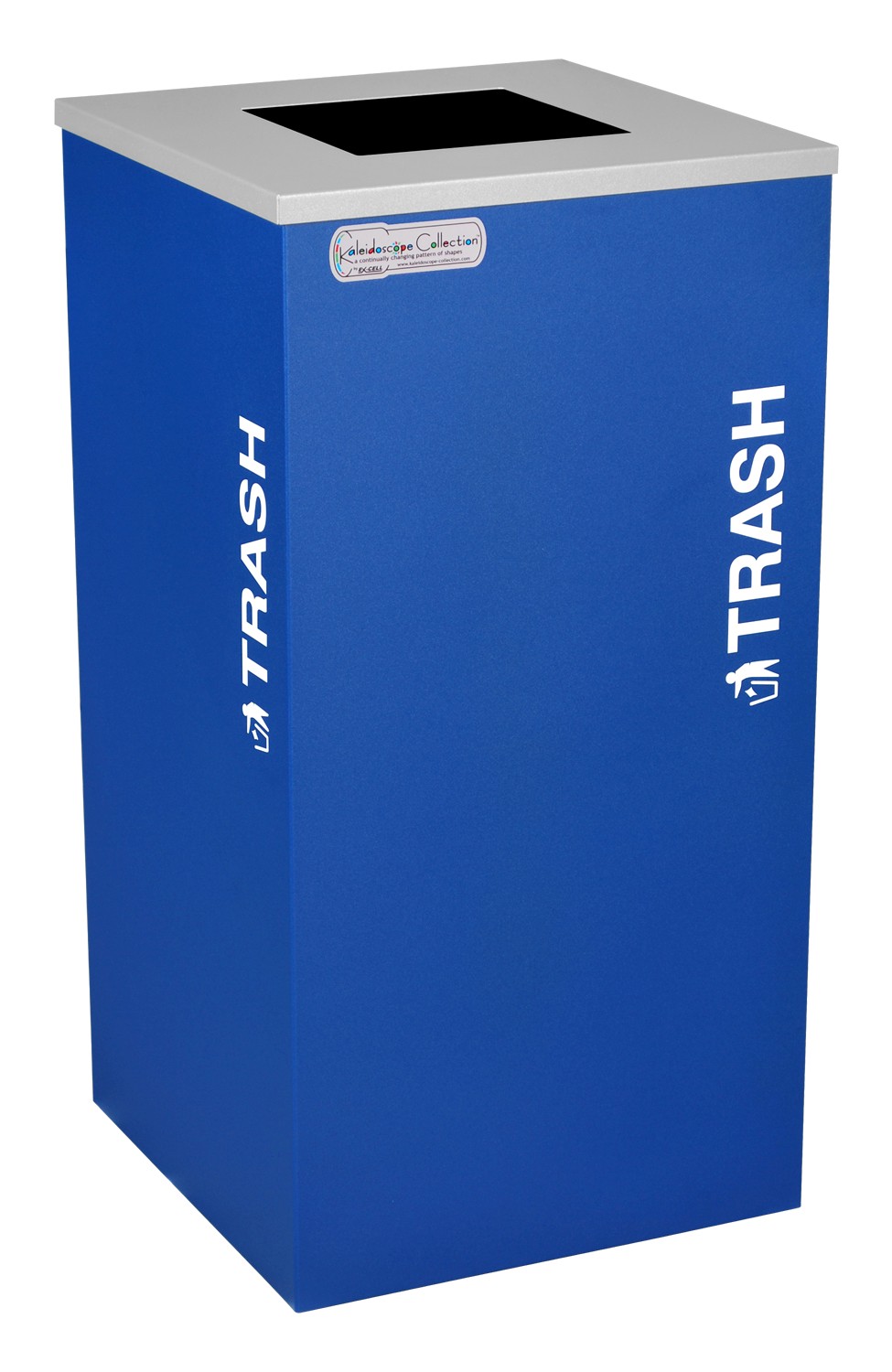 Picture of Ex-Cell Kaiser RC-KDSQ-T RYX 18-gal recycling recptacle- square top and Trash decal- Royal Blue Texture finish
