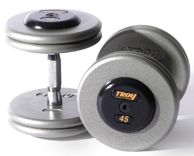 Troy Barbell HFD-005-100R Pro-Style Dumbbells Set - Gray Plates And Rubber End Caps - One Pair Each 5-100 Pounds