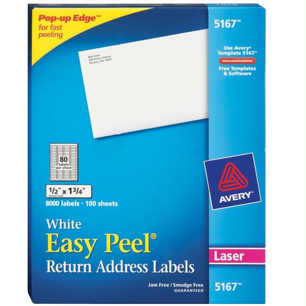 Picture of Avery Easy Peel White Return Address Labels For Laser Printers 5167- 1/2&amp;apos;&amp;apos; X 1-3/4&amp;apos;&amp;apos;- Box Of 8000