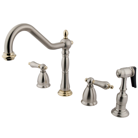 Picture of Kingston Brass Kb1799Albs Widespread Deck Mount Kitchen Faucet With Metal Side Sprayer - Satin Nickel Finish with Polished Brass Accents