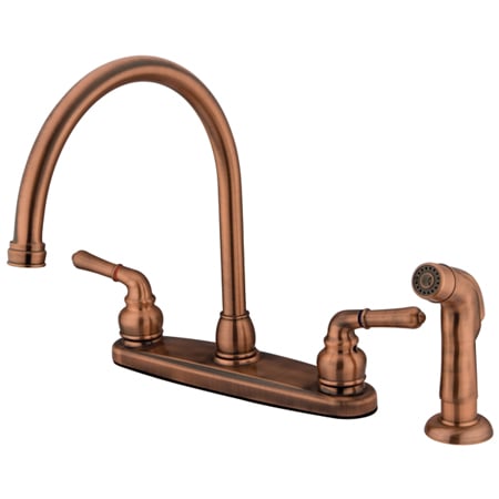 Picture of Kingston Brass Kb796Sp Twin Brass Lever Handles 8 Inch Kitchen Faucet With Metal Sprayer - Antique Copper Finish