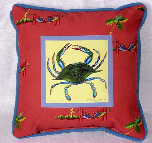 Blue Crab- Coral Small Outdoor-Indoor Pillow 12"x12"