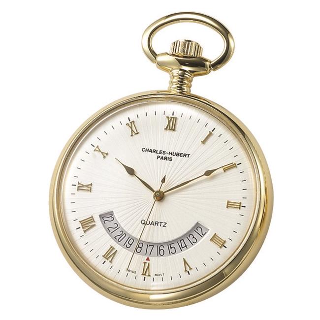 Charles-Hubert- Paris Brass Gold-Plated Quartz Open Face Pocket Watch #3671