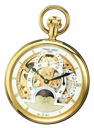 Picture of Charles-Hubert- Paris Stainless Steel Gold-Plated Mechanical Open Face Dual Time Zone Pocket Watch #3816