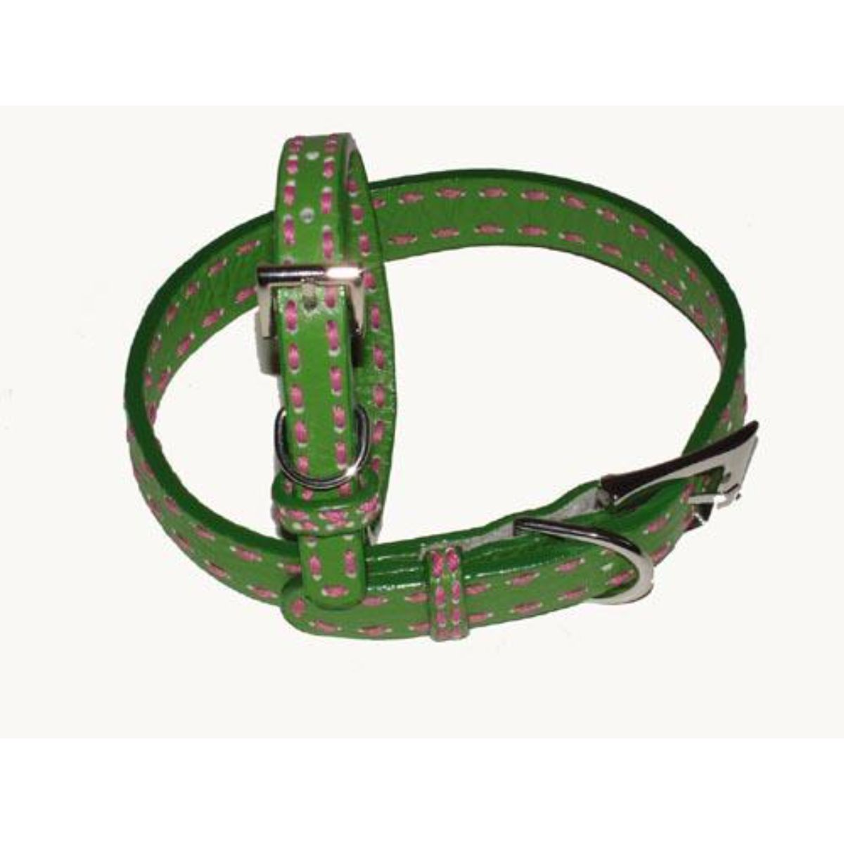 Picture of A Pets World 03011303-14 Leather Dog Collar- Green-Hot Pink Saddle Stitch