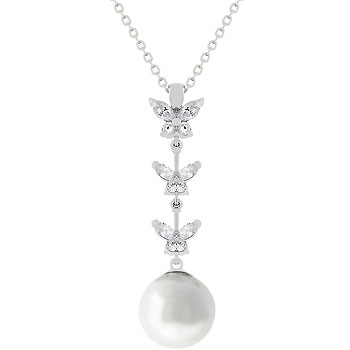 Picture of Kate Bissett P20041R-C84 Genuine Rhodium Plated Pearl Pendant With a Pave Set Clear CZ Leaf Grasping a Tahitian Pearl in Silvertone
