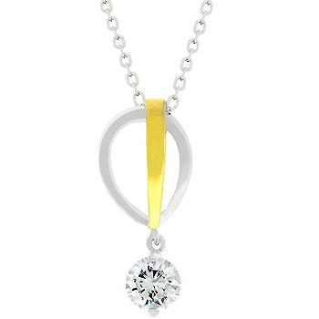 Picture of Kate Bissett P20126T-S01 14k Gold and Genuine Rhodium Plated Raindrop Pendant With a Round Cut Clear CZ Hanging From 2 Silvertone and 2 Goldtone Bands in the Form of a Raindrop in Tutone