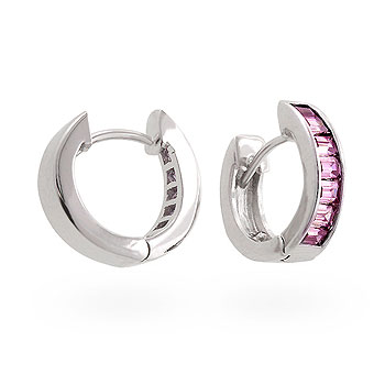 Picture of Kate Bissett E01476R-C12 Genuine Rhodium Plated Channel Set Row of Emerald Cut Pink Ice CZ Small Hoop Earrings in Silvertone