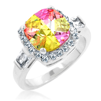 White Gold Rhodium Cocktail Ring with Bar Set Baguettes and Prong set Cushion Cut Multicolor 4 Ct CZ bordered by Pave Clear CZ in Silvertone - Size 8
