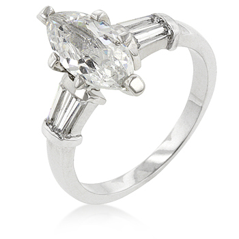 Picture of Kate Bissett R08061R-C01-05 Genuine Rhodium Plated Engagement Ring with Marquise Cut Centerstone and Shouldered Baguettes in Silvertone - Size 5