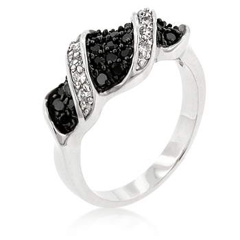 Genuine Rhodium Plated Jet Black and Clear CZ Contemporary Fashion Ring in Silvertone - Size 9