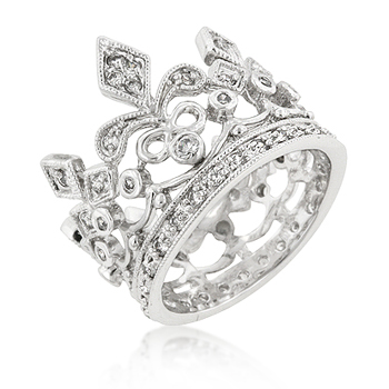 Picture of Kate Bissett R08073R-C01-06 Genuine Rhodium Plated Crown Style Eternity Ring Featuring Milligrain Accents and Bezel Channel and Pave Set Round Cut Clear CZ in Silvertone - Size 6