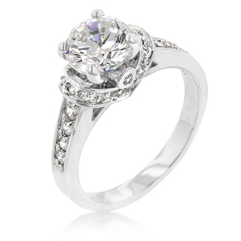 R08088R-C01-08 Genuine Rhodium Plated Engagement Ring with Prong Set Clear CZ Centerstone and Accent Stones in Silvertone - Size 8