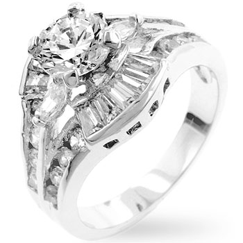 R07783R-C01-08 Genuine Rhodium Plated Fashion Ring with Baguettes- Round- Marquise Cut Clear CZ Set in Silvertone - Size 8