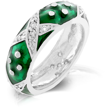Genuine Rhodium Plated and Forest Green Hand Applied Enamel Overlay Eternity Ring with Handset Clear CZ Xs and Silvertone Polk-a-dots - Size 5