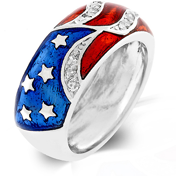 White Gold Rhodium American Flag Enamel Ring with Red and Blue Enamel and Silvertone - Size 8