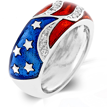 Picture of Kate Bissett R07830R-C01-09 White Gold Rhodium American Flag Enamel Ring with Red and Blue Enamel and Silvertone - Size 9