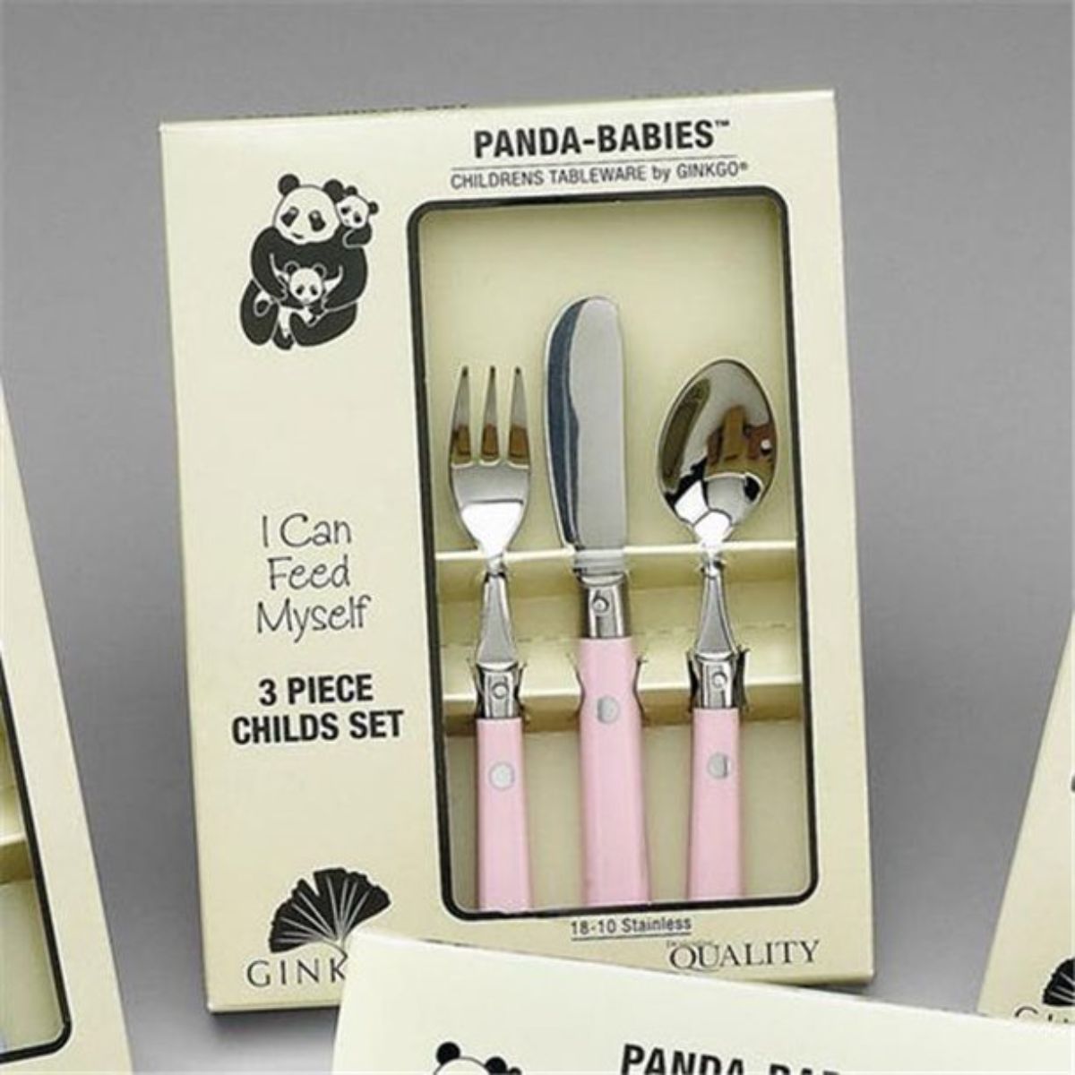Picture of Ginkgo 079914-21915-0 18-10 Stainless Steel Panda-Babies 3 Piece Childs Set- Light Pink