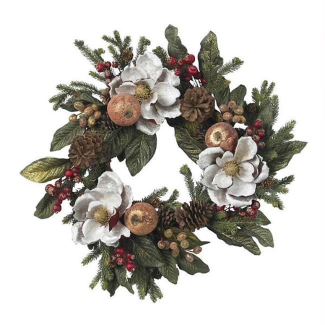 Nearly Natural 4923 24 Inch Magnolia Pinecone & Berry Wreath