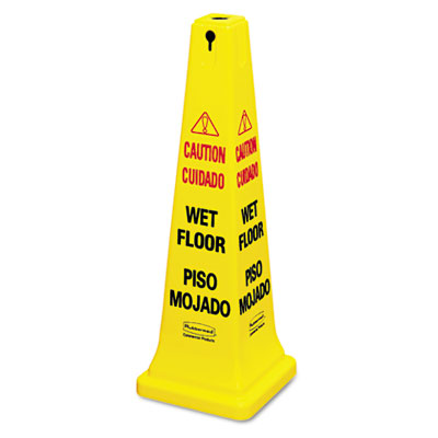 Picture of Rubbermaid Commercial 6276-77 Four-Sided Caution- Wet Floor Yellow Safety Cone- 12-1/4 x 12-1/4 x 36h