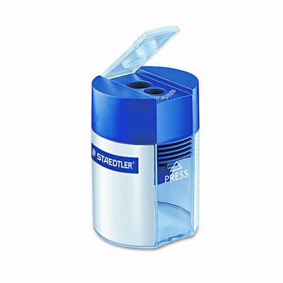 Picture of Staedtler 512-001A6 Handheld Manual Double-Hole Cylinder Pencil Sharpener- Blue/Silver