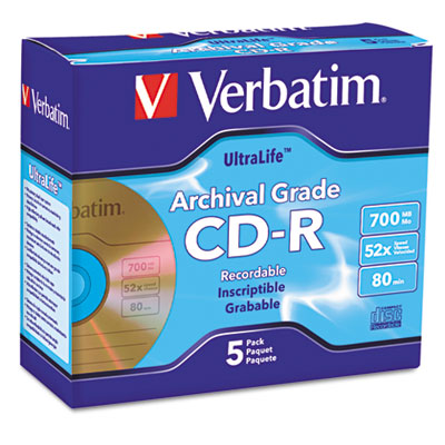 Picture of Verbatim 96319 CD-R Archival Grade Disc- 700MB- 52x- w/Jewel Case- Gold- 5/Pack