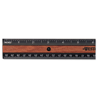 Picture of Westcott 14077 Inlaid Wood-Look Center Plastic Ruler w/Hang Hole- 12&amp;quot; Length- Black/Brown