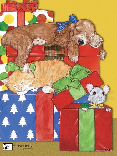 Picture of Pipsqueak Productions C403 Mix Dog With Cat Holiday Boxed Cards