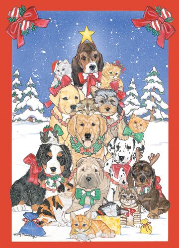 Picture of Pipsqueak Productions C979 Mix Dog With Cat Holiday Boxed Cards
