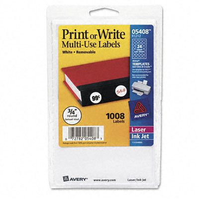 Picture of Avery 05408 Print or Write Removable Multi-Use Labels- 3/4in dia- White- 1008/Pack