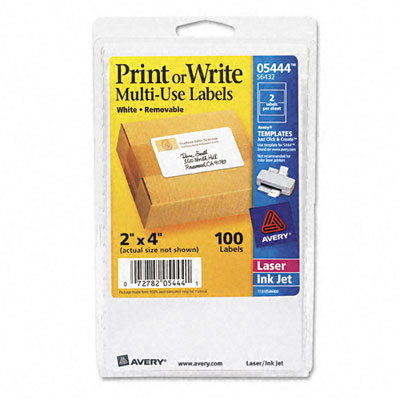 Picture of Avery 05444 Print or Write Removable Multi-Use Labels- 2 x 4- White- 100/Pack
