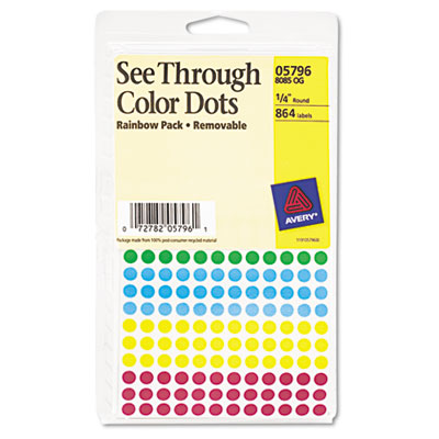 Picture of Avery 05796 See-Through Removable Color Dots- 1/4in dia- Assorted Colors- 864/Pack