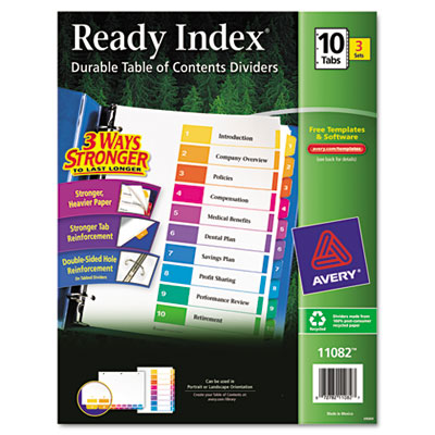 Picture of Avery 11082 100% Recycled Ready Index Dividers- Multicolor 1-10- 11 x 8-1/2- 3 Sets/Pack