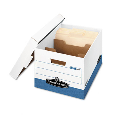 Picture of Bankers Box 0083601 R-Kive Maximum Strength Storage Box- Letter/Lgl- Locking Lid- White/Blue- 12/Ctn