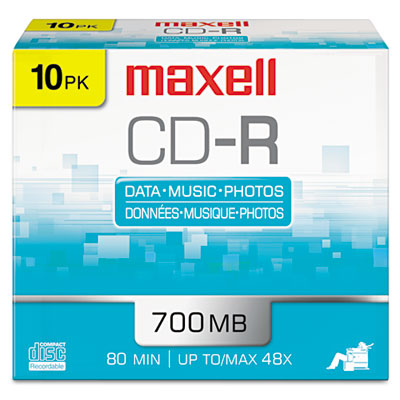 Picture of Maxell 648210 CD-R Discs- 700MB/80min- 48x- w/Slim Jewel Cases- Silver- 10/Pack
