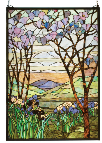 Tiffany Magnolia & Iris Stained Glass Window - Multicolor - 29in. x 40in. - Handcrafted Design