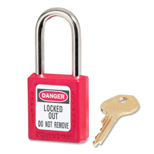 Picture of Master Lock Company MLK410RED Safety Padlock- Labeled- .25in.Dx1.5in. Tall Shackle- Red