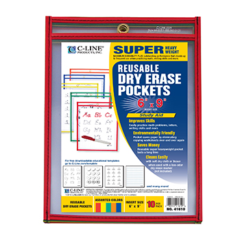 Picture of C-Line Products Inc CLI41610 C Line Reusable 10Pk 6X9 Dry Erase Pockets Assorted Primary