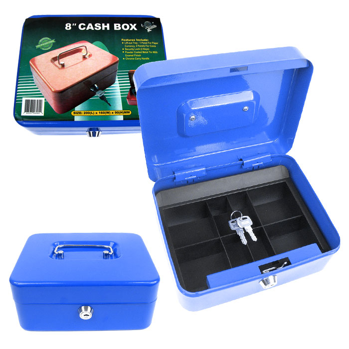 Picture of 8 Inch Key Lock Blue Cash Box with Coin Tray
