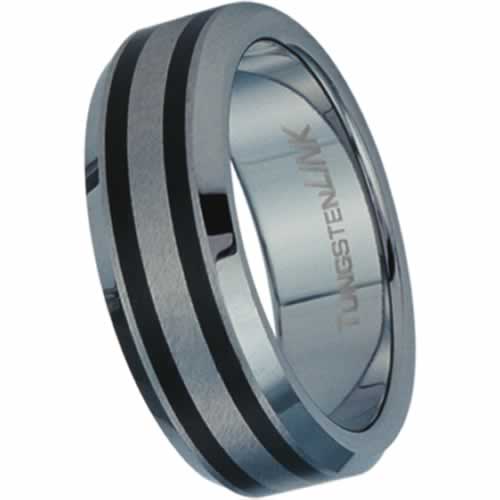 Picture of AAB Style RTS-24 Gorgeous Brushed Tungston Carbide Ring with Black PVD Stripes