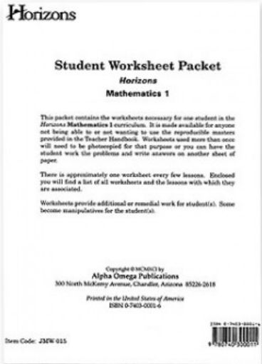 Picture of Alpha Omega Publications JMW015 Horizons Math 1 Worksheet Packet
