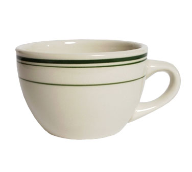 Picture of Tuxton China TGB-037 Green Bay 7 oz. Wide Rim Rolled Edge Round Cup - American White with Green Band  - 3 Dozen