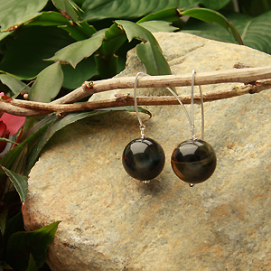 Blue Black Tigers Eye Drop Earrings - Polished