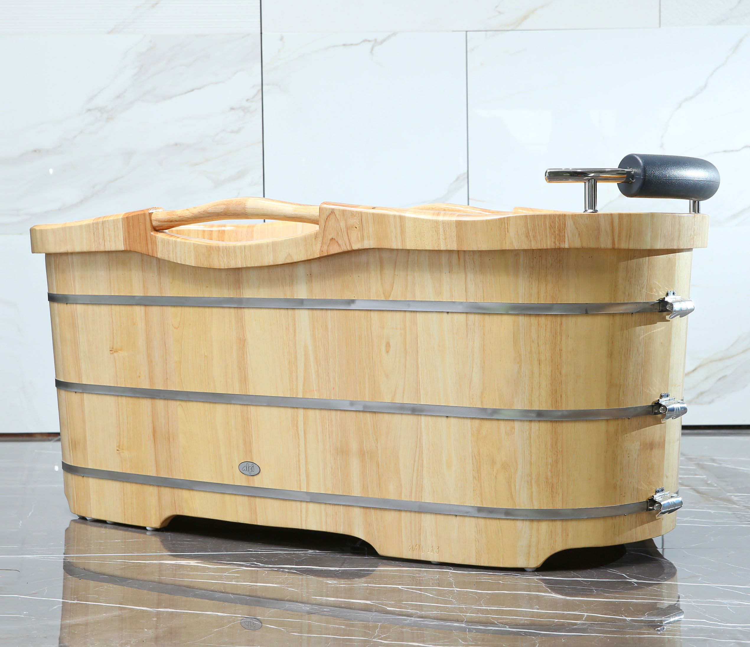 Picture of ALFI brand AB1163 AB1163 61&amp;apos;&amp;apos; Free Standing Oak Wood Bath with Cusion Headrest - Natural Wood